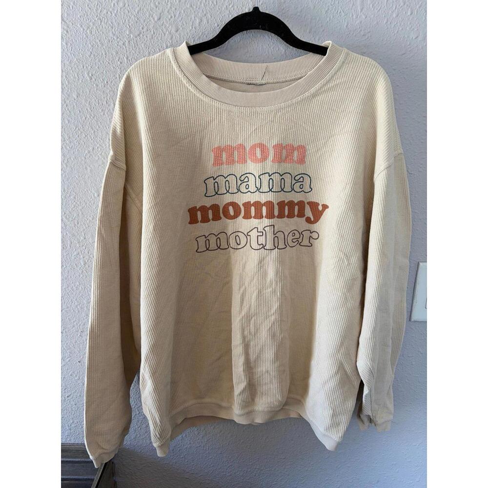Ribbed Mom Beige Crewneck size XL. Words distressed and a few snags - Picture 1 of 5